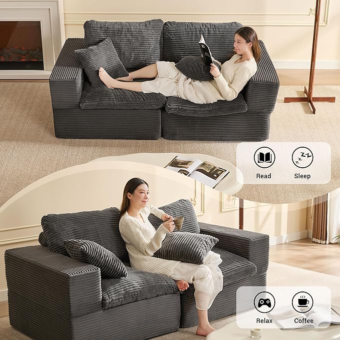 74.8” Set of Cloud Couch, Modular Loveseat Sofa, Convertible Sofas Bed, Deep Seat Sofa, Cozy Sofa for Living Room, Office and Bedroom, Corduroy, Gray