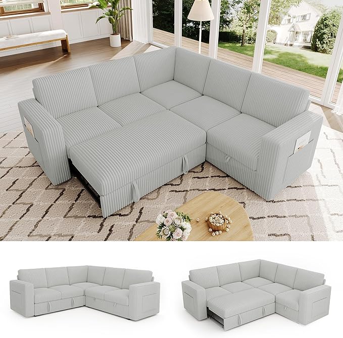 83.5" Sectional Sleeper Sofa with Pull Out Couch, Modern 5 Seat L Shaped Modular Couch, Sectionals Modular Sofa with Storage, Comfy Corduroy Couches Sectional for Living Room, Light Gray