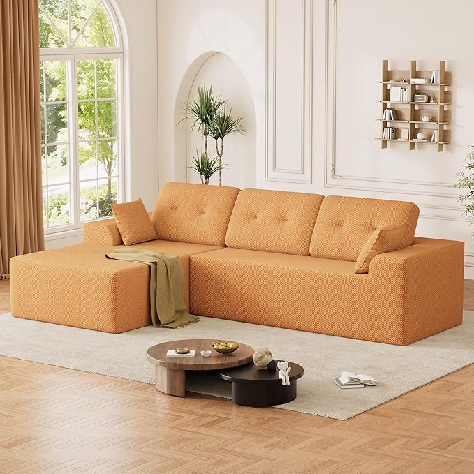 Ball & Cast 106" Cloud Sectional Couch, Compressed L-Shaped Sofa with Deep Seat Chaise, Boneless No Assembly Modular Couch, Foam & Spring Support, 2 Boxes (Left Facing, Chenille Orange)