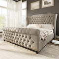 AMERLIFE Queen Size Platform Bed Frame, Linen Upholstered Sleigh Bed with Scroll Wingback Headboard & Footboard/Button Tufted/No Box Spring Required/Khaki