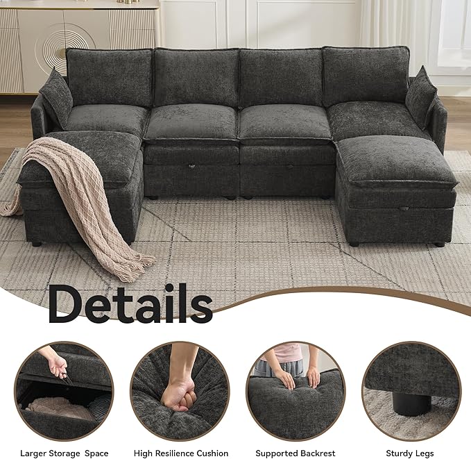 105" Cloud Modular 4 Seater Sofa with 2 Storage Ottoman, Modern Upholstered Sofa Storage Sofa Couch Deep Seat, U Shape Sectional Sofa Chenille Comfy Couch with Armrests for Living Room, Dark Grey | Modular Sofa, 2 Storage Ottoman, Upholstered Sofa, Sec...