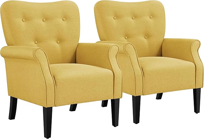 Yaheetech Modern Armchair, Mid Century Accent Chair with Sturdy Wood Legs and High Back for Small Space, Upholstered Fabric Sofa Club Chair for Living Room/Bedroom/Office, Set of 2, Yellow