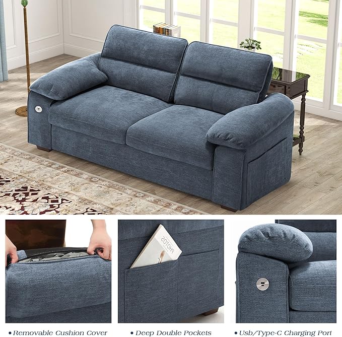 WorthFurni Sofas for Living Room, Chenille Pillow-Armrest Loveseat Couch Set, Small Sofa, 3 Seater Sofa, USB Charging, Removable Sofa Cover, Solid Wood Frame, Easy to Install (71.5 inch, Blue)