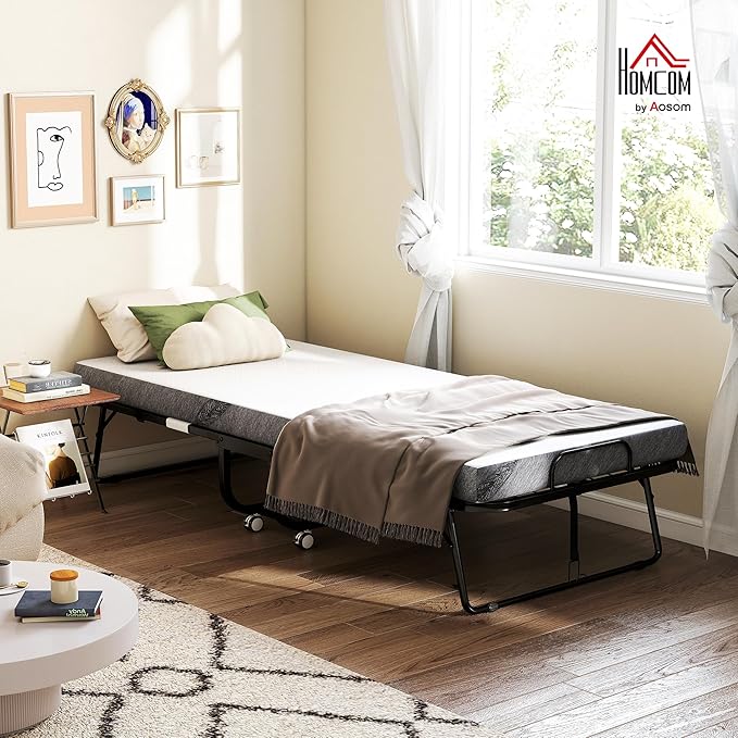 HOMCOM Folding Bed with Mattress for Adults, Long Twin Size, Portable Foldable Bed with 4" Foam Mattress & Space-Saving Steel Frame, 79" x 35", Fold Up, Roll Away & Hideaway, White