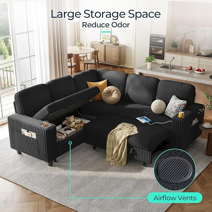 LINSY HOME Sectional Sleeper Sofa Pull Out Couches for Living Room (Black, Sleeper Sofa 2) | Pull Out Sofa Bed, Storage, USB Charging, Cup Holders, Plush Corduroy