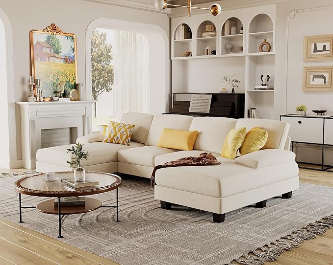 Furmax Sectional Couches for Living Room, U-Shaped Sofa Couch with Linen Fabric, 4 Seat Sofa Set with Double Chaise for Apartment (Fabric, White)