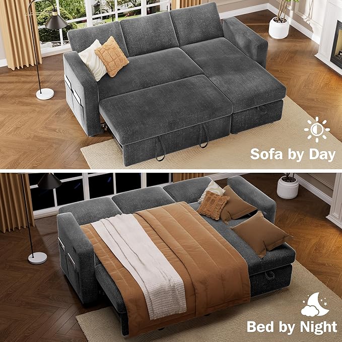 Vipbear 82" Sectional Sleeper Sofa with Pull Out Bed, L Shaped Couch Sleeper Sofa Bed, Pull Out Couch with Reclining Backrest, Reversible Storage Chaise, USB Ports, Tool-Free Assembly, Chenille Grey