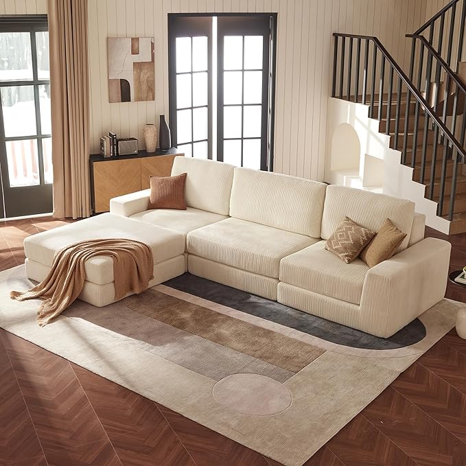 Modular Sectional Sofa, 120.47" Modern Cloud Couch Sectional Sofa with L-Shaped Chaise Comfy Corduroy Fluffy Couch with Deep Seat Boneless Couches for Living Room Bedroom, White