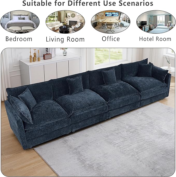 Setawix Chenille Cloud Couches for Living Room,4 Seater Cloud Sofa Couch with Deep Seat,147.22" Roomy Cloud Sofas,Modular Sectional 4 Seat Sofa with Pillows for Bedroom (Blue, 4 Seater)