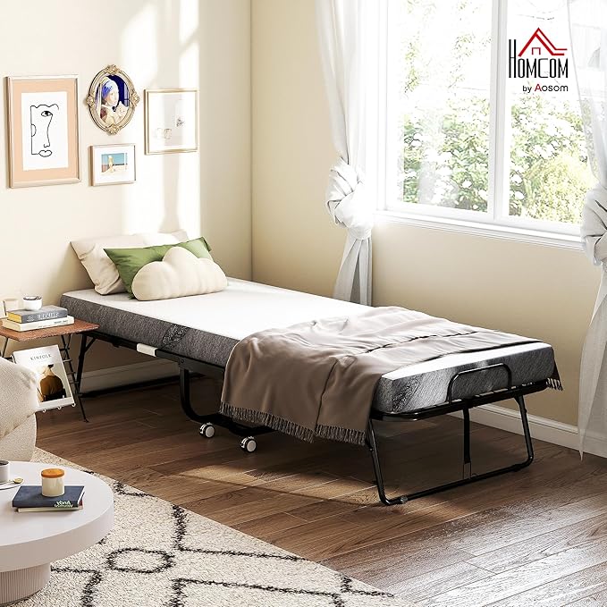 HOMCOM Folding Bed with Mattress for Adults, Long Cot Size, Portable Foldable Bed with 5" Memory Foam Mattress & Space-Saving Steel Frame, 79" x 31", Fold Up, Roll Away & Hideaway, White
