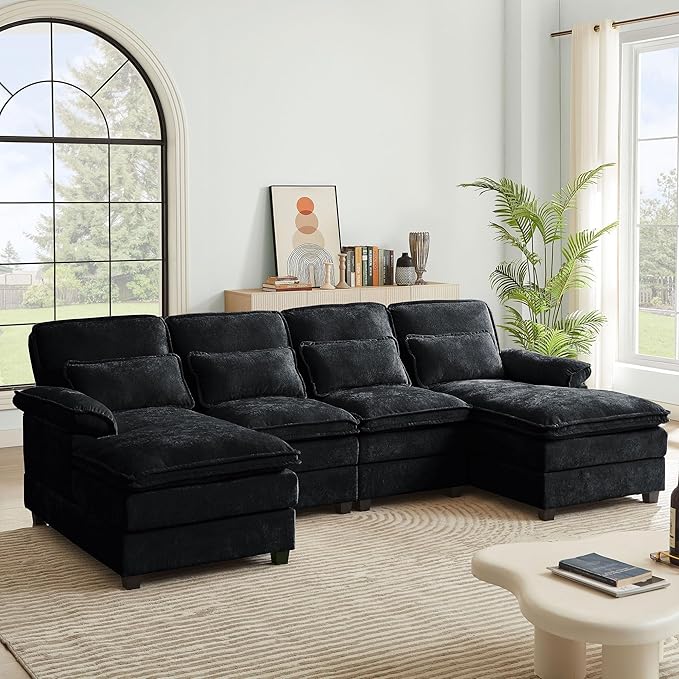 112" Modular Sectional Sofa, U Shaped Comfy Cloud Couch with Double Chaise and Padded Armrests, Modern Deep Seat Sectional Couches for Living Room, Apartment, Office, Black