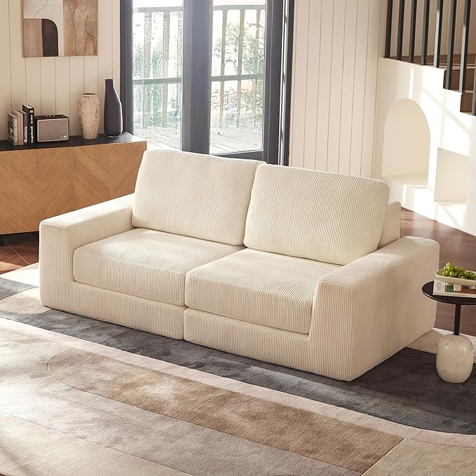 Modular Sectional Sofa, 80.31" Modern Cloud Couch Sectional Sofa with L-Shaped Chaise Comfy Corduroy Fluffy Couch with Deep Seat Boneless couches for Living Room Bedroom, White