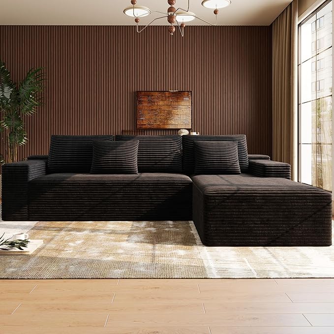 Boneless Modular Sectional Sofa, Cloud Couch with Right Facing Chaise, Oversized Deep Seat, L-Shaped, Soft Corduroy Fabric, Sectional Couch for Living Room -Black