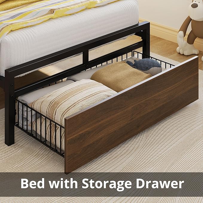 LIKIMIO Twin Bed Frames with Drawer, Storage Headboard with Outlets, No Box Spring Needed, Easy Assembly, Walnut