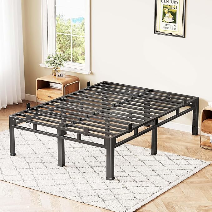 ROIL 14 Inch Full Size Bed Frame, Double Layer Metal Bed Frame with Round Corner Legs, 4000LBS Bed Frame & Box Spring 2 in 1 Platform with Headboard Holes Mattress Baffles, Noise-Free Easy Assembly