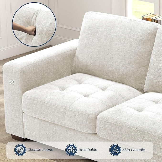 WorthFurni Sofas for Living Room, Chenille Loveseat Couch Set, Small Sofa, 3 Seater Sofa, USB Charging, Removable Sofa Cover,Solid Wood Frame, Easy to Install(70inch,Beige)