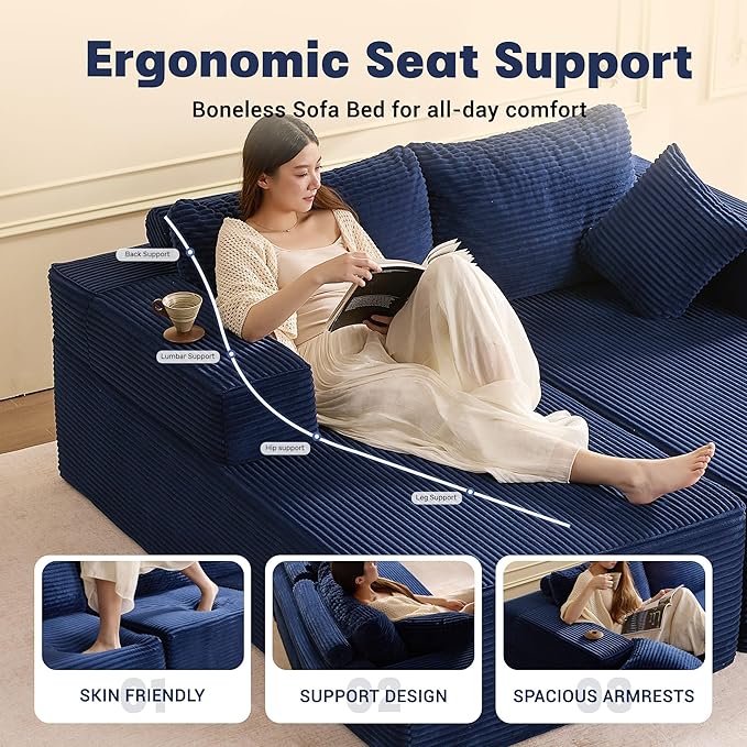 Chaise Lounge Chair, Boneless Couch for Living Room and Bedroom, Set of Sleeper Couches Reading Chairs, Corduroy, Blue