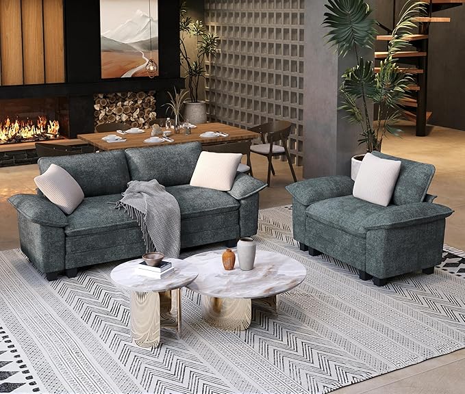 87.5'' Oversized Loveseat Couch and Chair Set, 3-Seat Chenille Modern Modular Cloud Sofa with Pillow, 2 Piece Living Room Deep Sectional Sofa Furniture Set for Apartment, Cyan