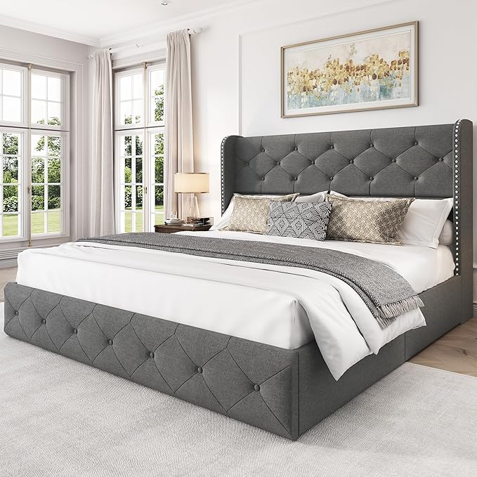 LARMACE Full Size Bed Frame with 4 Storage Drawers and 47.2" Tall Wingback Headboard Linen Upholstered Platform Bed Frame Tufted Beds with Wooden Slats Support, Easy Assembly, Light Grey