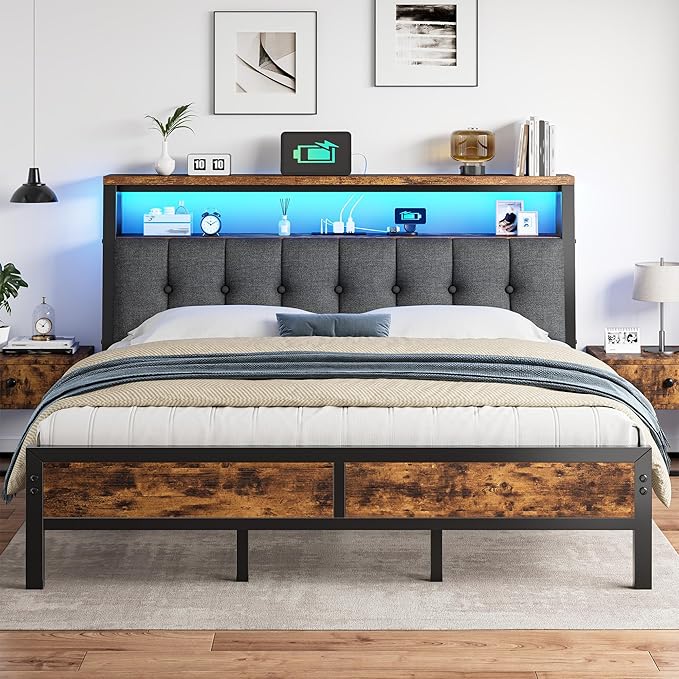 Homkdom King Bed Frame with Charging Station and LED Lights, Grey Upholstered Headboard with 2-Tier Storage Shelves,12" Under-Bed Storage, No Sliding, Noiseless, 1100LBS,76.2W*88L*40H