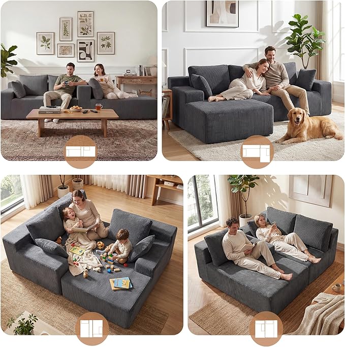 Cloud Sectional Boneless Couches for Living Room, Modular L Shaped Couch with Deep Seat Oversized Left Facing Chaise, Memory Foam Compressed Spineless 3 Seater Sofa for Apartment, Grey | No Assembly Required, Deep Seat, Cat-Claw Resistant, Flexible Mod...