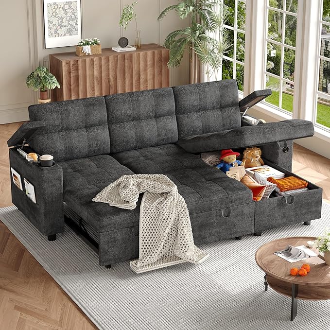 Garvee Couches for Living Room, 84'' Sofa Bed，l-Shaped Sectional Sleeper Sofa with Pull Out Bed，Reversible Storage Chaises， Hidden Storage Armrests，Cup Holders & USB Charging Ports