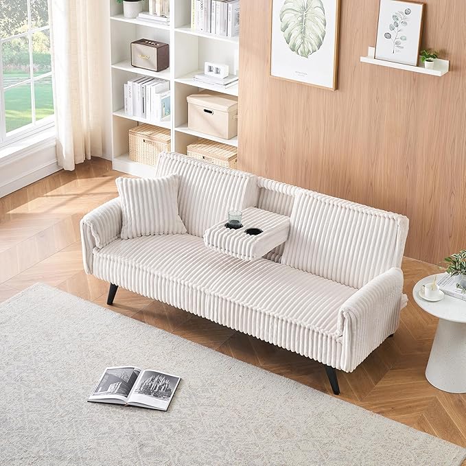 72" Convertible Sofa Bed with Foldable Cup Holder,Straight-line Corduroy Sofa,Suitable for Living Room,Bedroom,White