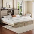 King Size Bed Frame with Storage Headboard, Sliding Barn Door, Wood Platform Bed with Reading Light and Charging Station, Wood Slats Support, Easy Assembly, Noise-Free, Light Rustic Oak