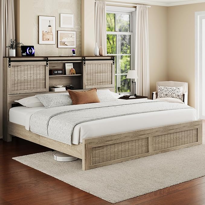 King Size Bed Frame with Storage Headboard, Sliding Barn Door, Wood Platform Bed with Reading Light and Charging Station, Wood Slats Support, Easy Assembly, Noise-Free, Light Rustic Oak