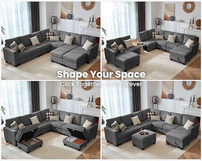 CHIC HOUSE Modular Corner Sectional Sofa with Storage Ottoman, Corduroy L-Shaped Couch, Compact Small Space Furniture for Living Room & Apartment, (Dark Grey, 9 Seater L-Shaped)