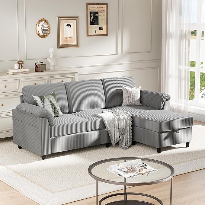 Meilocar Sectional Sofa Couch for Living Room, 79" Sectional Couches with Storage Ottoman, L Shaped Couch with Sloping Armrests, 3-Seat Sofa Couches for Small Space, Light Grey | Breathable Material