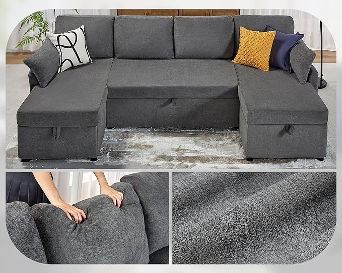 VanAcc Sleeper Sofa, 110 inch Oversize - 2 in 1 Pull Out Bed, Sectional Sleeper Sofa with Double Storage Chaise for Living Room, Grey Linen Couch