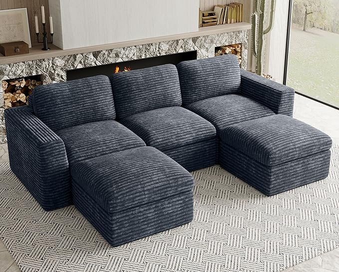 Cloud Modular Sectional Sofa with Ottoman Boneless Sectional Couches for Living Room Plush Corduroy Fabric 3-Seater U Shaped Couch. Grey Sofa.