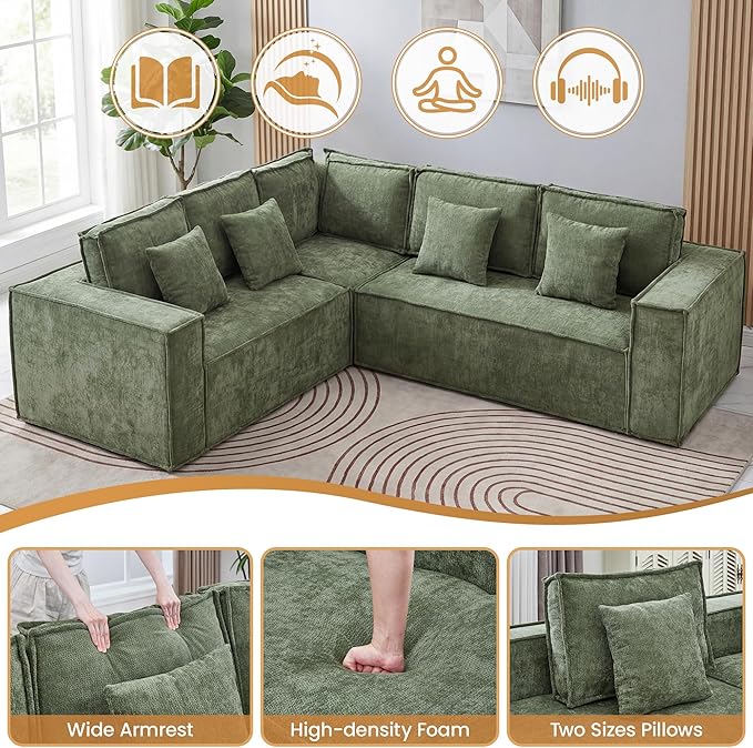 108'' Boneless Chenille L Shaped Couch, Oversized Modular Sectional 5 Seater Sofa, Modern Deep Seat Corner Cloud Compressed Couch, No Assembly Sleeper Sofa with Chaise for Living Room, Green