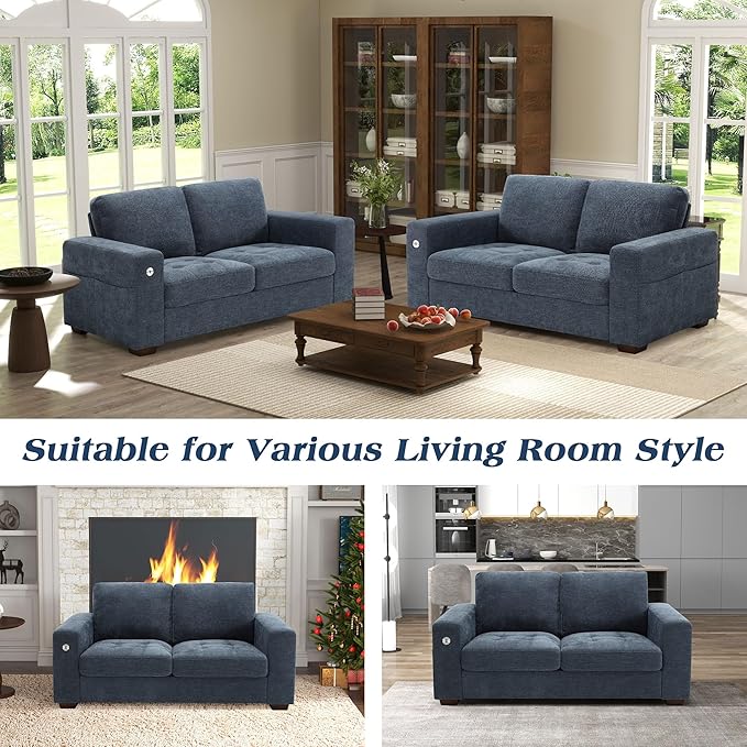WorthFurni Sofas for Living Room, Chenille Loveseat Couch Set, Small Sofa, 3 Seater Sofa, USB Charging, Removable Sofa Cover,Solid Wood Frame, Easy to Install(70inch,Blue)