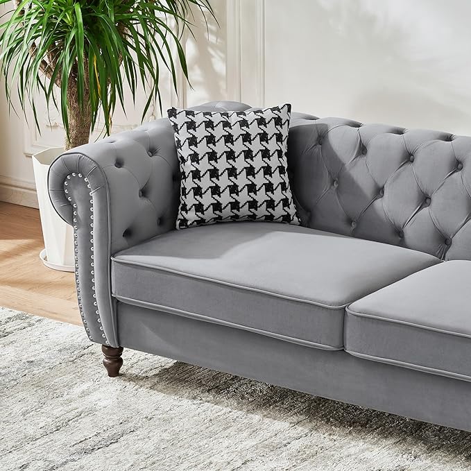 Comfortable Straight-Row Sofa with 2 Pillows,67" Refined Velvet 2 Seat Sofa with Roll Armrest & Nailhead,Sturdy Structure Upholstered Loveseat Couch for Apartment,Office,Reception Area,Grey