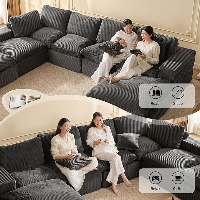 106.3” Sectional Couches for Living Room, Cloud Couch, Modular Sectional Sofa, Convertible Sofas Bed, Deep Seat Sofa, U Shaped Cozy Sofa Furniture Set, Corduroy, Grey
