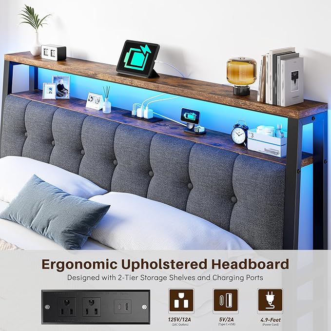 Homkdom King Bed Frame with Charging Station and LED Lights, Grey Upholstered Headboard with 2-Tier Storage Shelves,12" Under-Bed Storage, No Sliding, Noiseless, 1100LBS,76.2W*88L*40H
