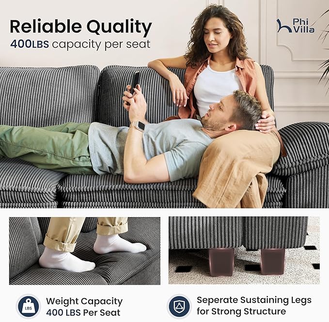 PHI VILLA Cloud Modular Couches Sets, 157.5" Sectional Sofa with Upholstered Deep Seat, 4-Seater Long Couches for Living Room Apartment, Corduroy Fabric, Grey