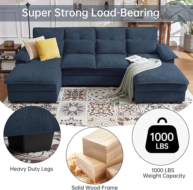 110" Sectional Couches for Living Room, 4 Seat U Shaped Couch with Double Chaise, Modular Cloud Sofa, Removable Cover, Modern Comfy Sofa for Home Furniture, Office and Basement