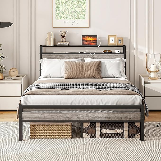 BOFENG Full Size Bed Frame with Storage Headboard/Charging Station,Heavy Duty Metal Platform Bed Frame Full,Reinforced Steel Slats Support,No Box Spring Needed,Noise Free,Grey