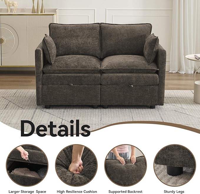 55" Cloud Modular Loveseat Sofa with Storage, Modern Upholstered Sofa Couch Small Love Seat，2 Seater Chenille Comfy Sectional Sofa with Armrests for Living Room, Small Space, Brown | Loveseat Sofa, Upholstered Couch, Small LoveSeat, Sectional Sofa, Sofa