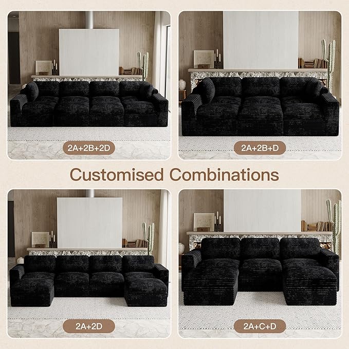 Boneless Sectional Cloud Couch with Deep Seat Plush Corduroy Modular Sectional Sofa Convertible L Shaped Couches for Living Room. Black Sofa.