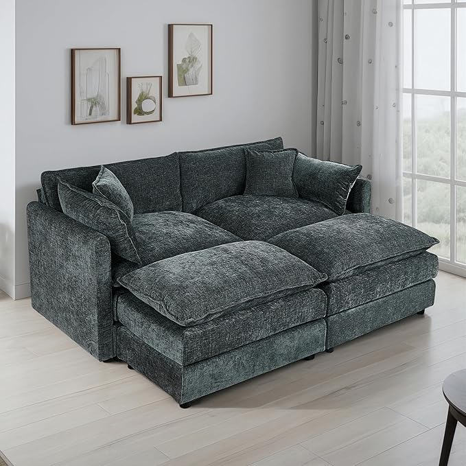 Setawix Deep Loveseat Couch with Ottomans,Large 2 Seater Lounger Cloud Couches for Living Room,77.16" Chenille Cloud Sofas with Deep Seat,Modular Sectional Sleeper Sofa for Bedroom(Grey, 2+2)
