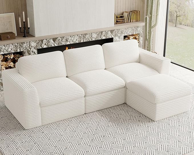 Belffin Boneless Cloud Modular Sectional Sofa 3-Seater L Shaped Couch with Ottoman Convertible Sofa Bed Plush Corduroy Cloud Sectional Couches for Living Room. Beige Sofa