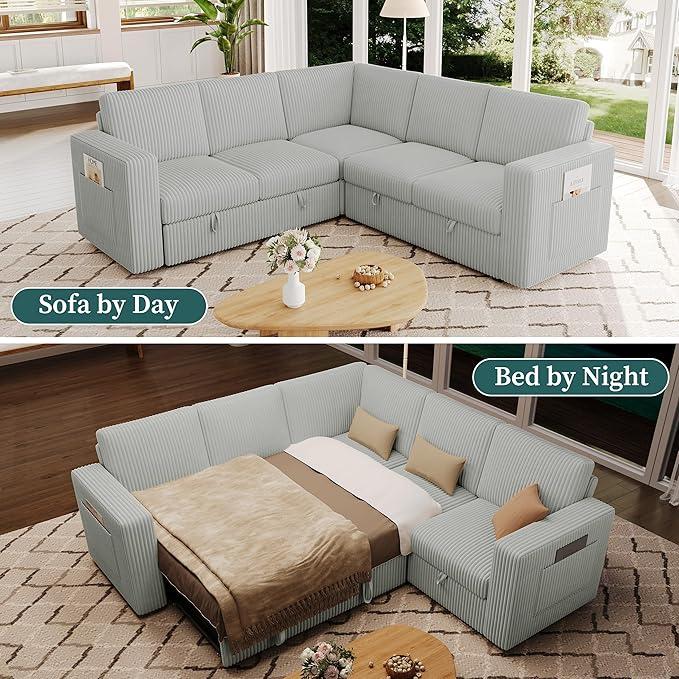 83.5" Sectional Sleeper Sofa with Pull Out Couch, Modern 5 Seat L Shaped Modular Couch, Sectionals Modular Sofa with Storage, Comfy Corduroy Couches Sectional for Living Room, Light Gray