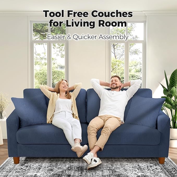 Kidirect 70in L Shaped Couch, Modular Sofa No Tool Assembly, Comfy Sectional Couches for Living Room 21in Deeper Seats, Corduroy Sofas for Living Room with 2 Pillows, Loveseat Sofa Set, Blue Couch | Comfy Corduroy, Oversized 70in Couch, 700LB Tough, To...