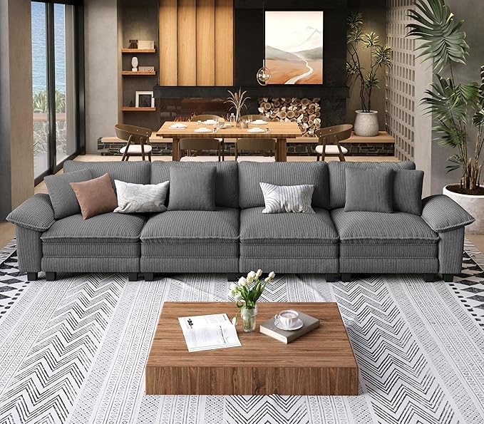 4 Seat Modular Sofa, 157.5'' Oversized Modern Corduroy Sectional Couch with Removable Armrest and Pillow, Upholstered Cloud Deep Seat Sofa for Living Room, Grey