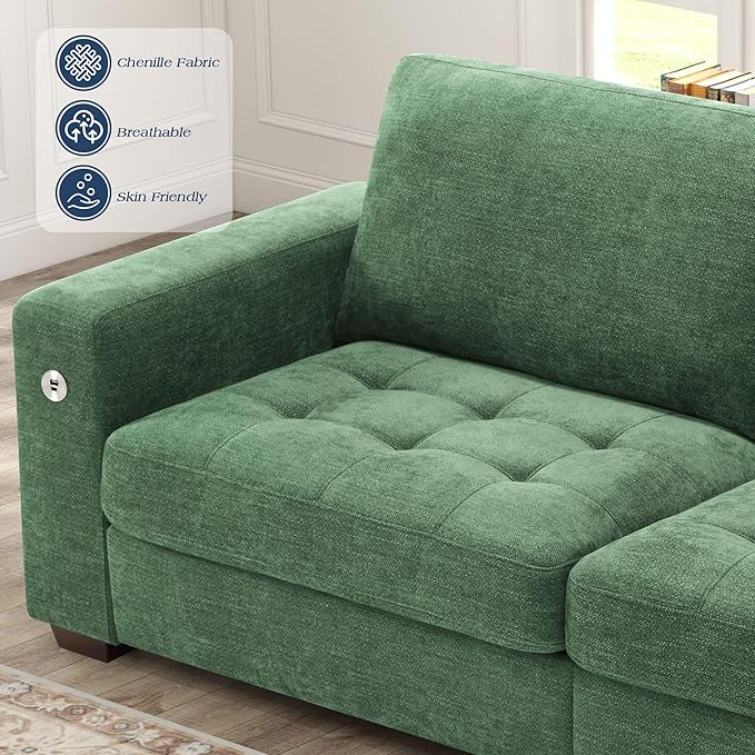 WorthFurni 89 Inch Modern Sofa Couch with USB Port & Side Pockets, Chenille Fabric 3 Seater Couch,Comfy Washable Small Sofas & Couches for Living Room Bedroom Apartment（Green）