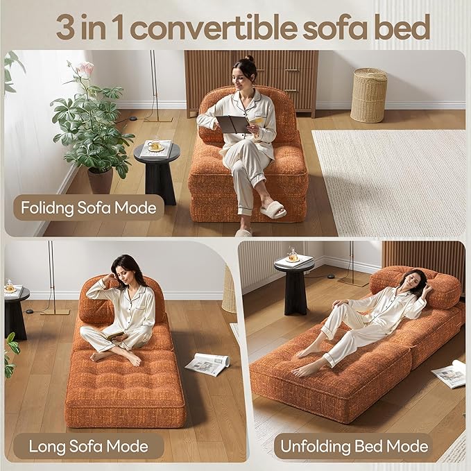 Dowinx Folding Sofa Bed with Pillow, Convertible Comfy Couch Bed for Adults Home Lounge and Gaming, Modern Comfortable Design for Apartment Living Room Bedroom, Single, Smooth Velvet, Amber Brown